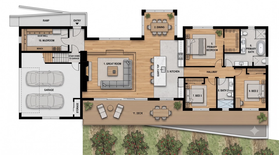 The orchard house plan. Entry and gear wall at the ramp end, garage tucked under, deck the full length.
