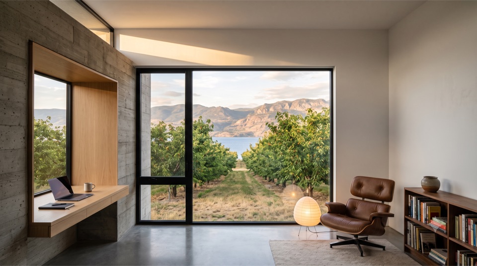 The study. One desk in a window reveal, one chair, one row of cherry trees.
