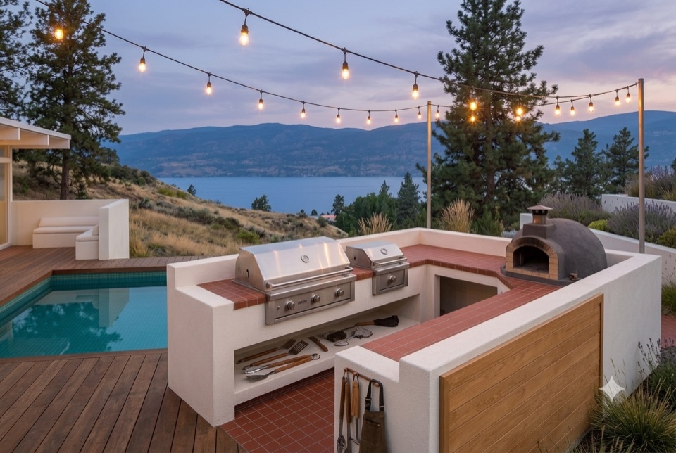 Pizza oven, string lights, lake dusk.