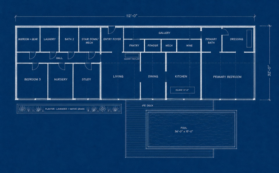 The plan as a cyanotype. A presentation drawing, not a measured one, so read the numbers off the sheets above.