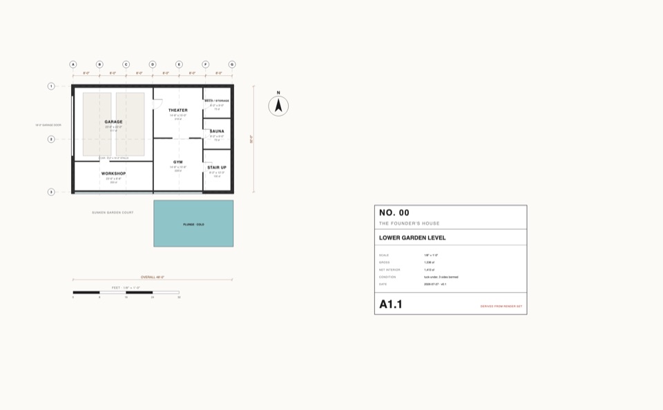 Lower garden level, tucked into the hill: garage, workshop, theater, gym, sauna.