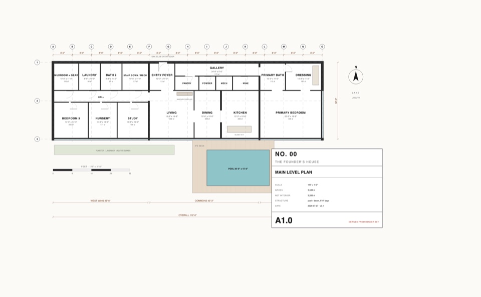 Main level. 112 by 32 feet on 8 foot post and beam bays. Drafted, dimensioned, walls closed.