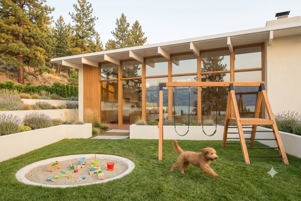 Swing set, sandbox, dog mid-zoomies.