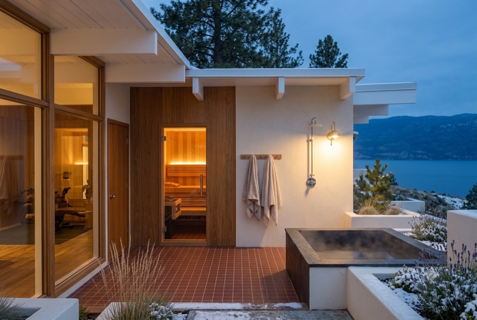 The sauna glowing, plunge steaming outside.
