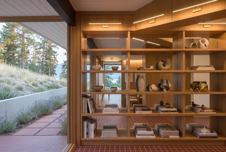 Built-in shelving, mirror back.