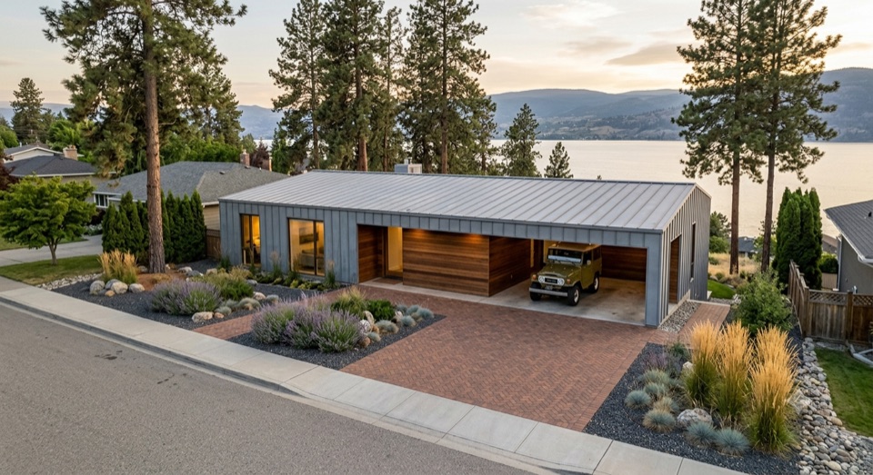 The Zinc Bar, 1,750 sf. Standing-seam zinc over roof and walls as one skin, cedar only in the entry recess.
