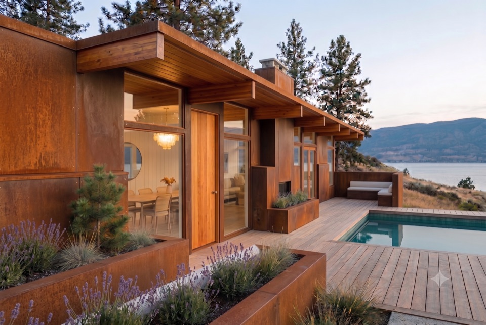 Corten against the pines.