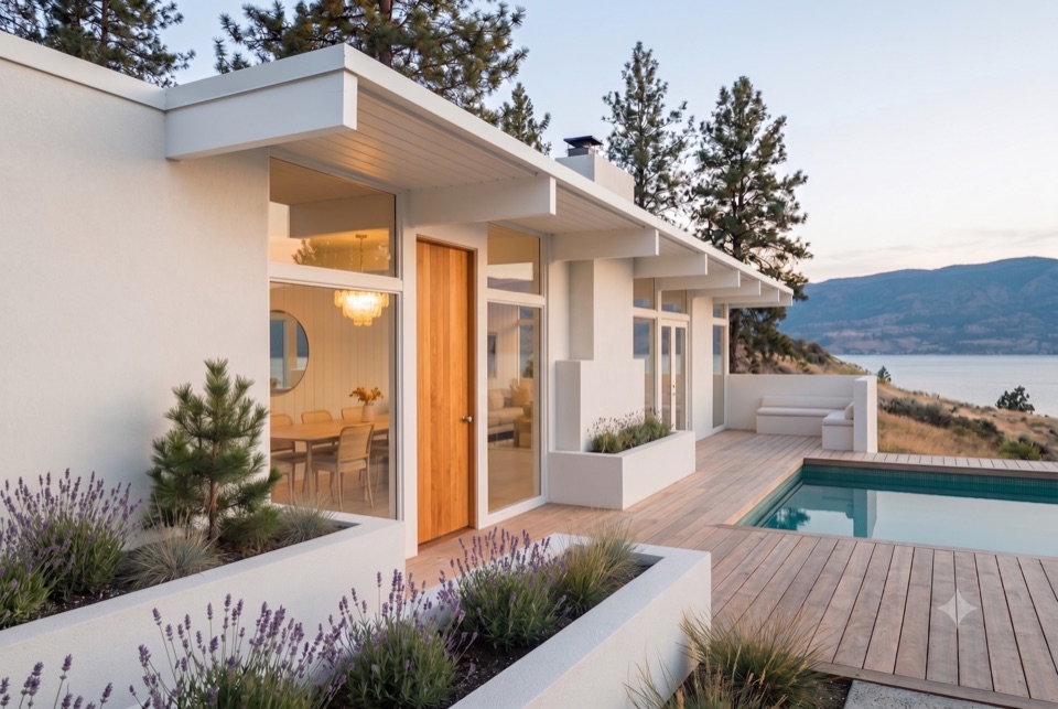 All white, one oak door.