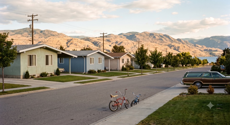 The street in 1975. Every house small, and it feels generous.