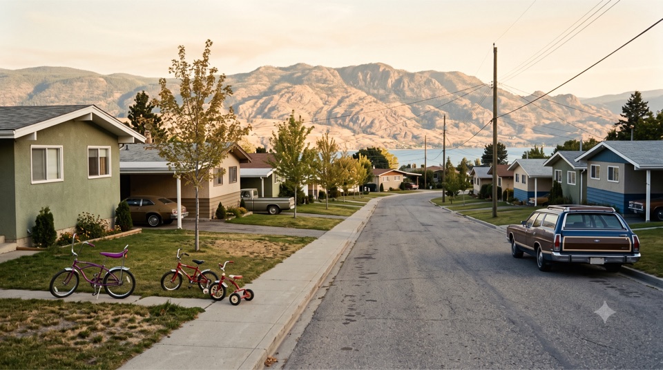 The same 1975 street, wider. Bikes on the lawn, carports, the lake at the end of the road.