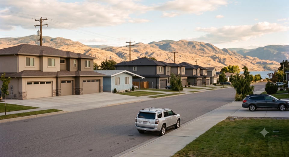 The same street today. One original house left in the middle.