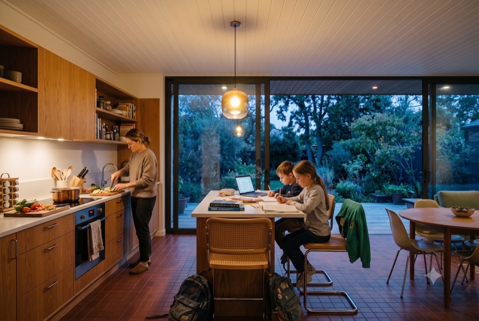 Homework at the island, dinner half made. 1,500 sf works.