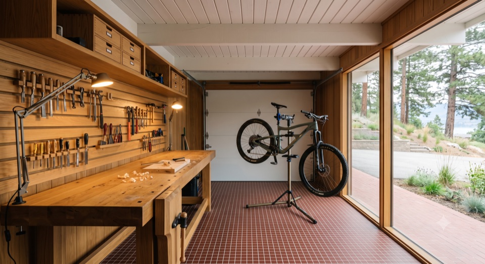 The workshop: bench, bike, task light.
