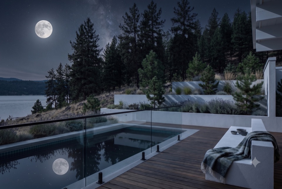 Full moon, every light off. Only moonlight in the frame.